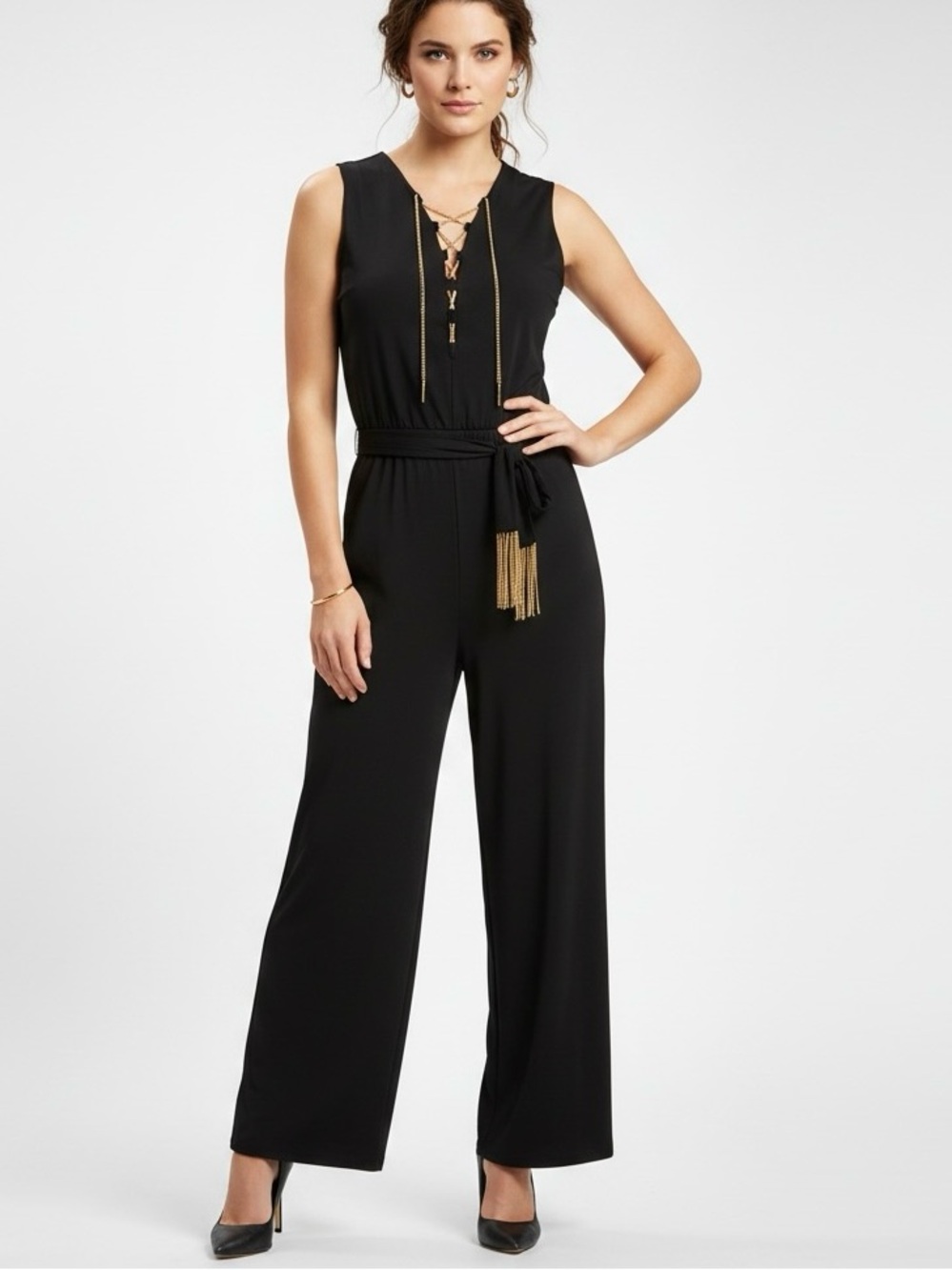 Michael Kors Sz 1X Sleeveless Black Strait Leg Jumpsuit Gold Chain Lace-up | EUC